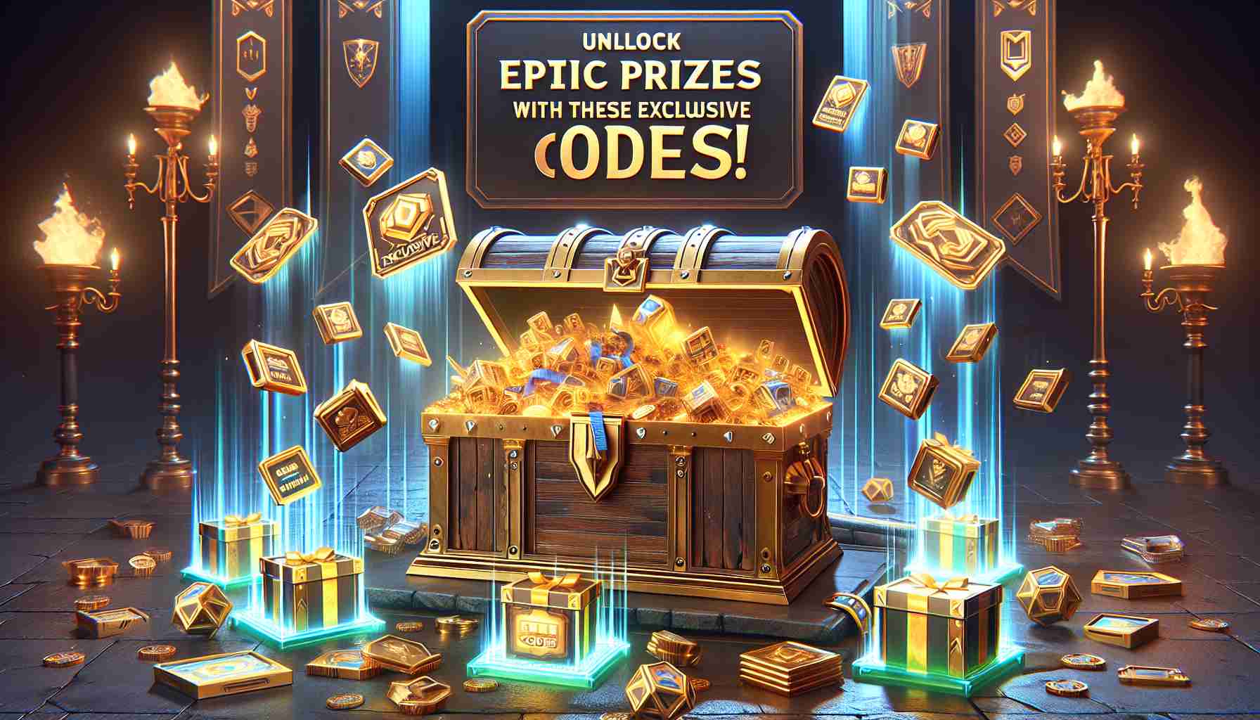 A high-definition, realistic image featuring a special event for unlocking epic rewards. The scene displays a golden treasure chest filled to the brim with exclusive prizes like virtual gear, digital trophies, and rare game items. Scattered around the chest are numerous 'Exclusive Codes', designed with a shiny holographic finish and an air of mystery and excitement. A banner overhead proclaims 'Unlock Epic Prizes With These Exclusive Codes!'. The image is designed to create a sense of anticipation and delight at snagging rare and valuable rewards.