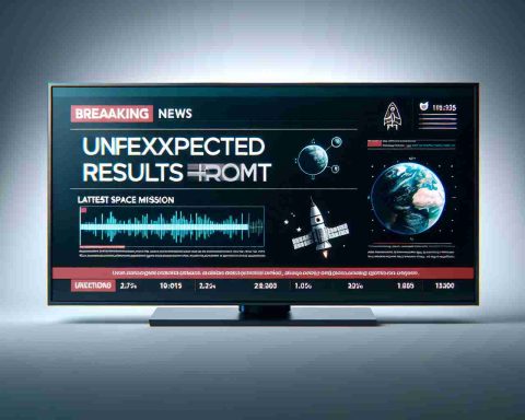 A high-definition, realistic image of a television screen displaying a Breaking News headline. The headline reads: 'Unexpected Results from Latest Space Mission'. The news channel is illustrated with elements of seriousness and urgency, graphics detailing space-themed icons, and a scrolling ticker at the bottom of the screen for additional news updates relating to the story.