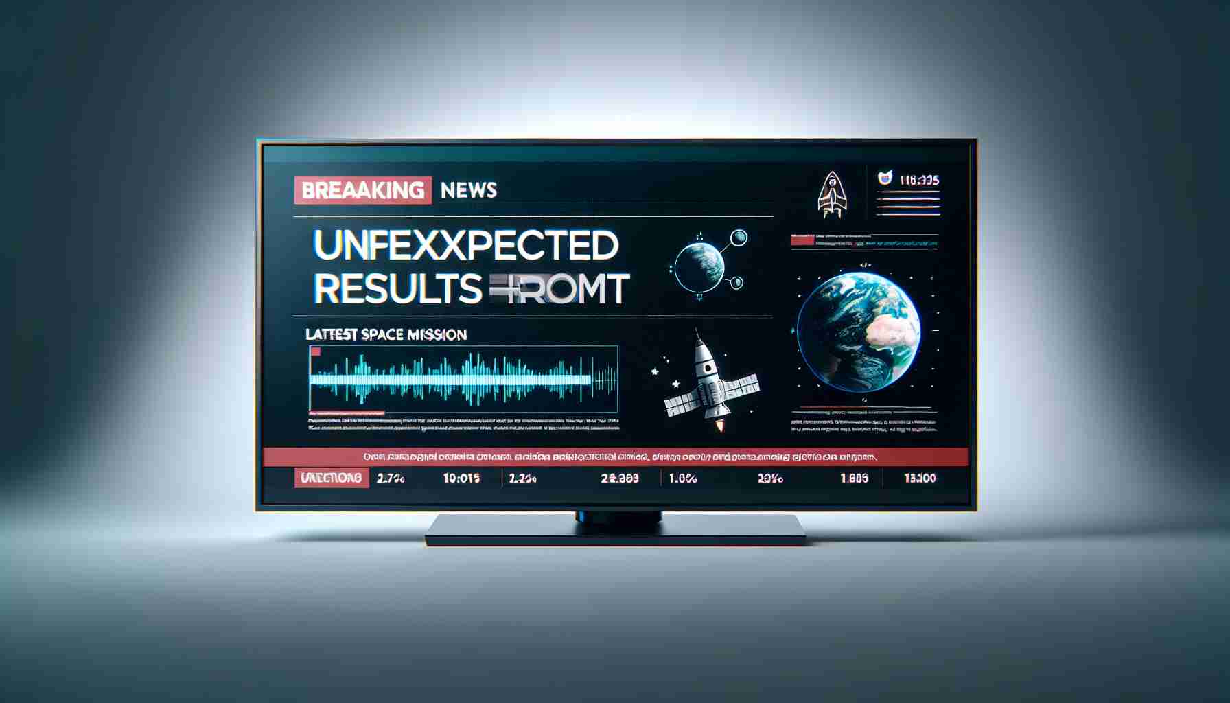 A high-definition, realistic image of a television screen displaying a Breaking News headline. The headline reads: 'Unexpected Results from Latest Space Mission'. The news channel is illustrated with elements of seriousness and urgency, graphics detailing space-themed icons, and a scrolling ticker at the bottom of the screen for additional news updates relating to the story.