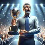 High-definition realistic illustration of an awe-inspiring coach of no specific descent, gender, or sport, receiving the highest accolade or honor possible in their profession. The coach is standing on a stage with a look of surprise and gratitude on their face. They are holding a large trophy that shines brilliantly under the spotlight. The audience in the background is a blurred sea of applauding people.