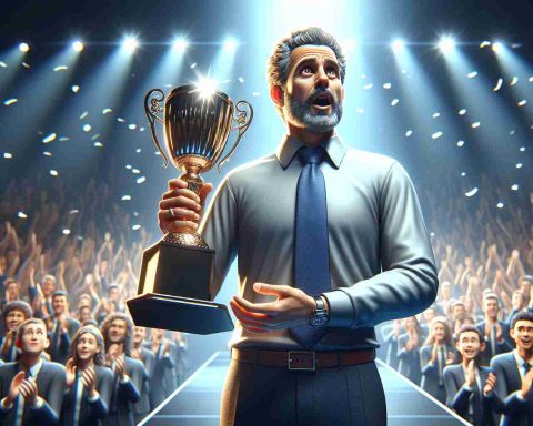 High-definition realistic illustration of an awe-inspiring coach of no specific descent, gender, or sport, receiving the highest accolade or honor possible in their profession. The coach is standing on a stage with a look of surprise and gratitude on their face. They are holding a large trophy that shines brilliantly under the spotlight. The audience in the background is a blurred sea of applauding people.