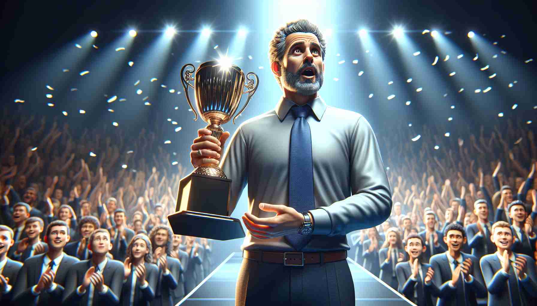 High-definition realistic illustration of an awe-inspiring coach of no specific descent, gender, or sport, receiving the highest accolade or honor possible in their profession. The coach is standing on a stage with a look of surprise and gratitude on their face. They are holding a large trophy that shines brilliantly under the spotlight. The audience in the background is a blurred sea of applauding people.