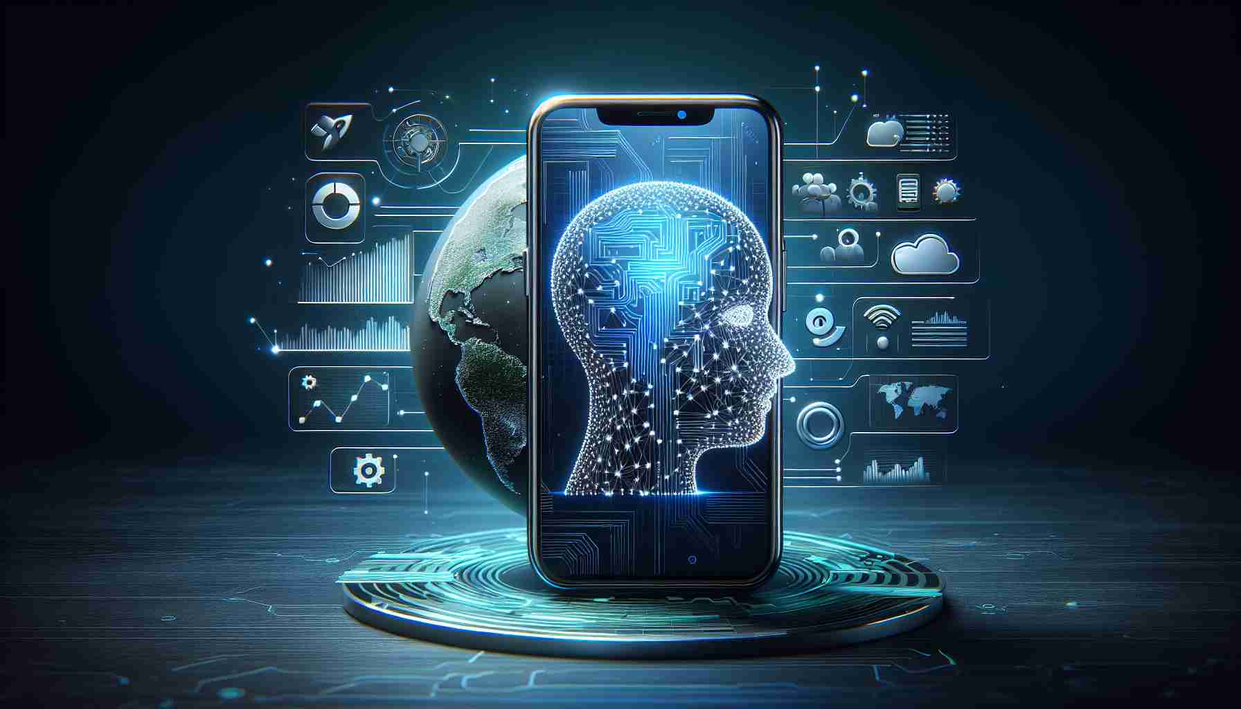 Realistic, high-definition depiction of a revolutionary artificial intelligence application that is impressively trending worldwide. This can include the innovative interface of the app showcased on a modern mobile device alongside visual metaphors of its global impact, such as digital waves spreading across a stylized globe or world map. However, make sure not to depict specific brands or logos.