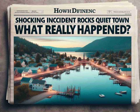 Generate a realistic high-definition image of a headline that reads 'Shocking Incident Rocks Quiet Town - What Really Happened?' placed over a backdrop of a serene small town showing signs of disturbance, indicating something unexpected just occurred.