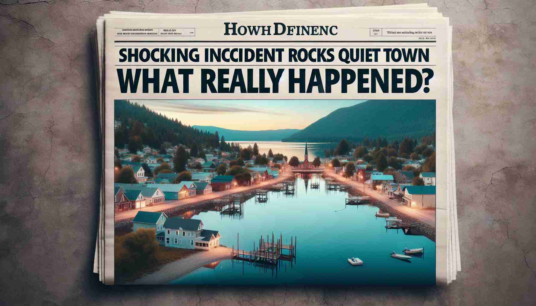 Generate a realistic high-definition image of a headline that reads 'Shocking Incident Rocks Quiet Town - What Really Happened?' placed over a backdrop of a serene small town showing signs of disturbance, indicating something unexpected just occurred.