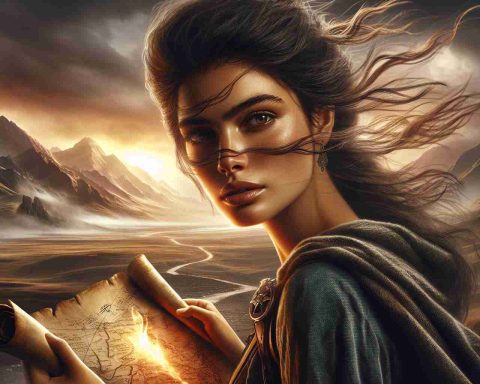 High-definition photo realistically illustrating the concept of 'Secrets Unveiled: A Heroine's Journey Beyond Limits'. Picture a courageous heroine, a Hispanic young adult woman, with wind-swept hair and determination in her eyes. She is standing at the brink of a vast landscape stretching out beyond her; mountains in the distance, a craggy field ahead, symbolizing the rocky journey she must traverse. Her gaze is focused, unyielding. In her hand, she holds an unfurled map, representing the secrets she's unraveling. Perhaps there's a glow radiating from the map, showing the magic of the adventure that awaits.