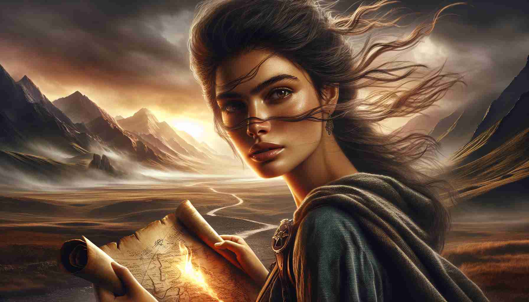 High-definition photo realistically illustrating the concept of 'Secrets Unveiled: A Heroine's Journey Beyond Limits'. Picture a courageous heroine, a Hispanic young adult woman, with wind-swept hair and determination in her eyes. She is standing at the brink of a vast landscape stretching out beyond her; mountains in the distance, a craggy field ahead, symbolizing the rocky journey she must traverse. Her gaze is focused, unyielding. In her hand, she holds an unfurled map, representing the secrets she's unraveling. Perhaps there's a glow radiating from the map, showing the magic of the adventure that awaits.