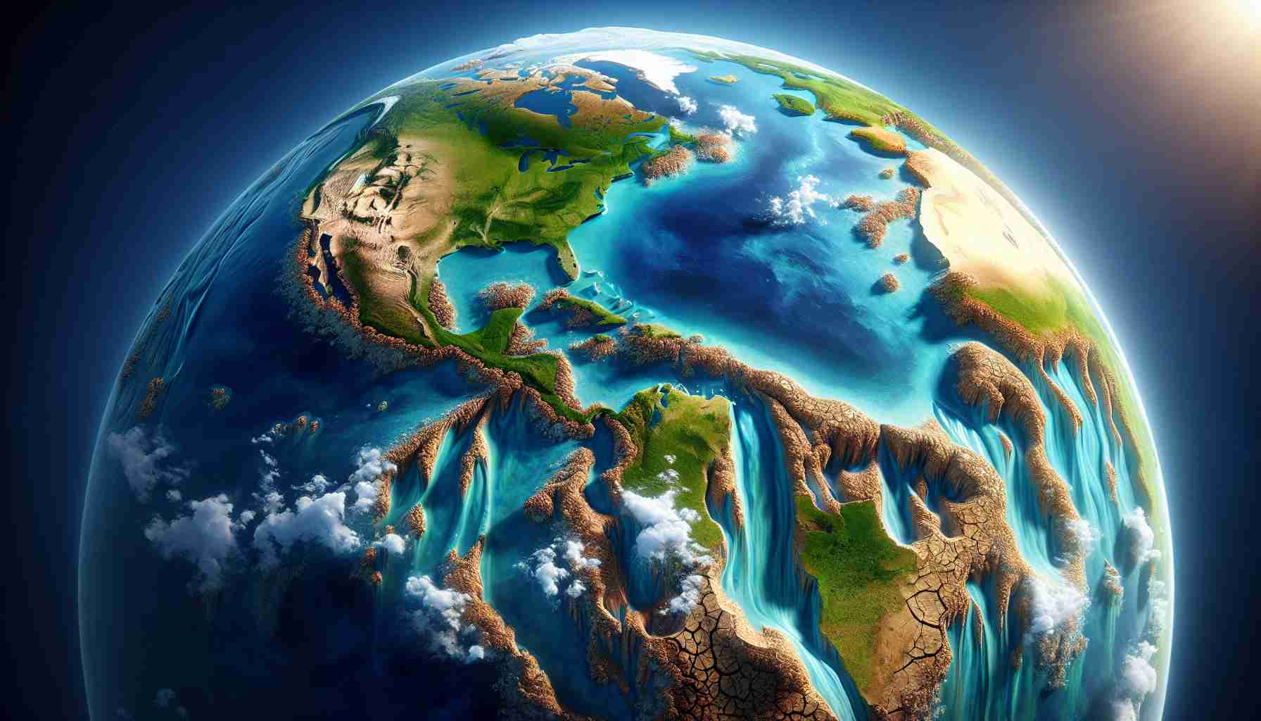 A realistically rendered high-definition image depicting a shocking revelation of Earth's water disappearing. The scene might show a globe of the Earth, with bodies of water dramatically shrinking or disappearing, evoking a sense of urgency and environmental concern. The contrast between the vibrant greens and blues of a healthy planet, against the browning and drying of areas where water once prevailed. The dramatic title 'Shocking Revelation: Earth's Water Vanishing Before Our Eyes' should be included in bold, attention-grabbing letters, amplifying the dramatic tone.