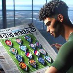 Realistic HD image of a football player, with short curly black hair and a muscular build, thoughtfully studying a map with several international football clubs' logos displayed. A headline on a nearby newspaper states 'Major Club Interest Revealed'.