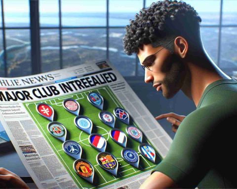 Realistic HD image of a football player, with short curly black hair and a muscular build, thoughtfully studying a map with several international football clubs' logos displayed. A headline on a nearby newspaper states 'Major Club Interest Revealed'.