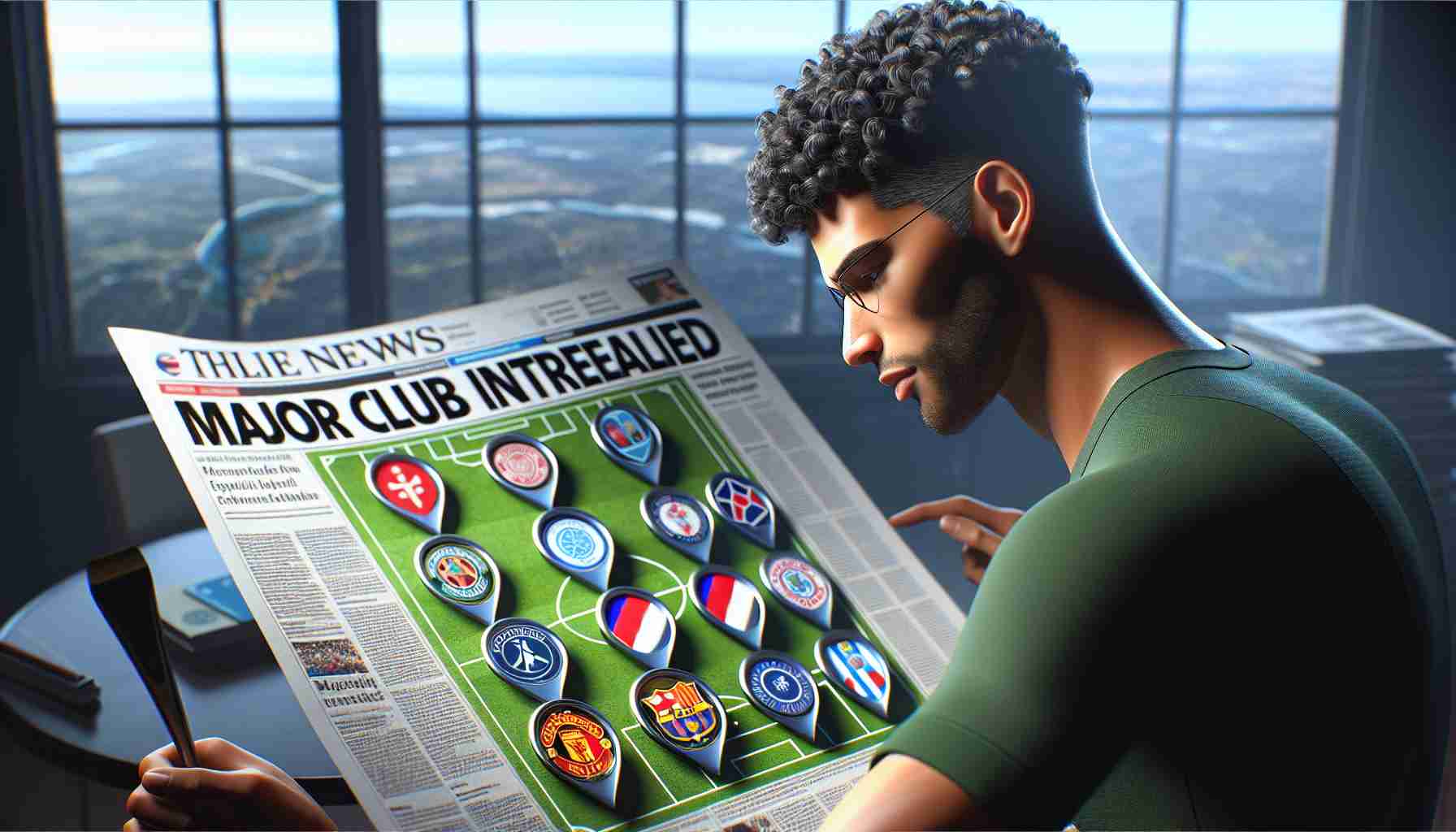 Realistic HD image of a football player, with short curly black hair and a muscular build, thoughtfully studying a map with several international football clubs' logos displayed. A headline on a nearby newspaper states 'Major Club Interest Revealed'.