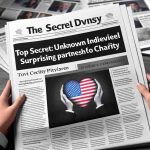 Realistic high-definition image of a generic newspaper article headline and lead, stating 'Top Secret: Unknown Individuals Unveil Surprising Partnership for Charity'. The article should appear on a newspaper page with other surrounding news stories and advertisements.