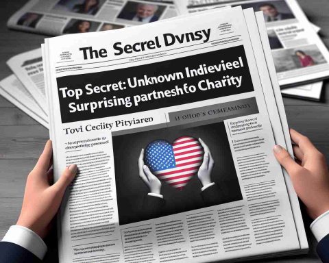 Realistic high-definition image of a generic newspaper article headline and lead, stating 'Top Secret: Unknown Individuals Unveil Surprising Partnership for Charity'. The article should appear on a newspaper page with other surrounding news stories and advertisements.