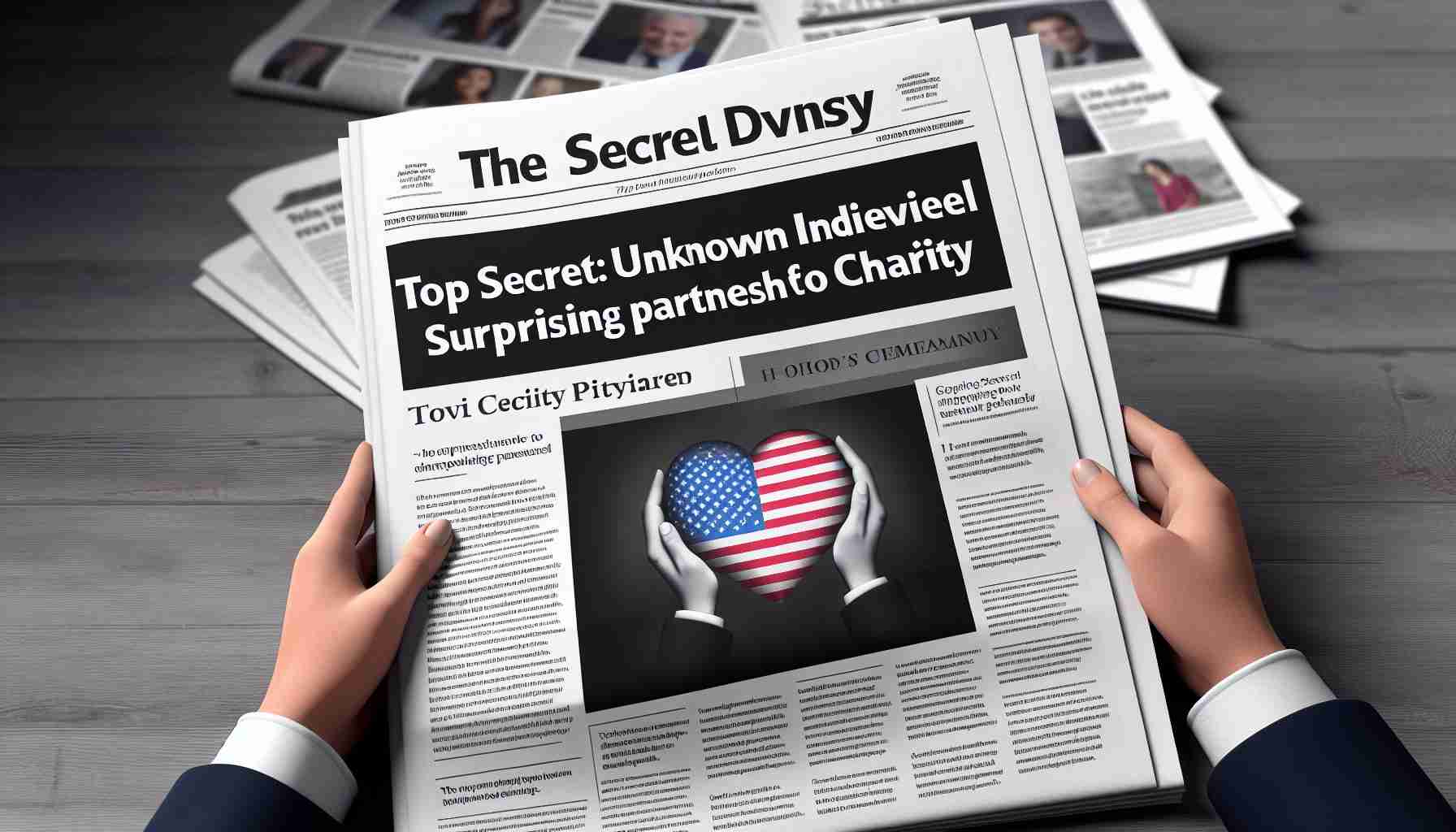 Realistic high-definition image of a generic newspaper article headline and lead, stating 'Top Secret: Unknown Individuals Unveil Surprising Partnership for Charity'. The article should appear on a newspaper page with other surrounding news stories and advertisements.