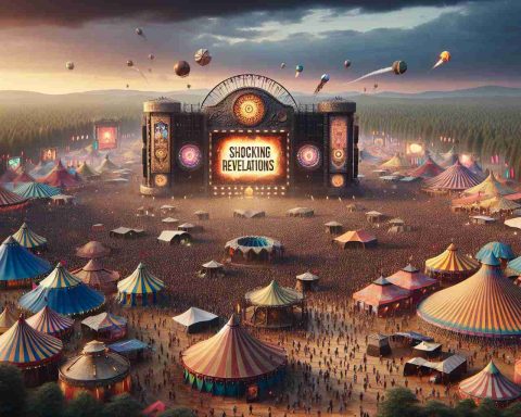 Generate a realistic high-resolution image portraying the scene of a major music festival unveiling surprising secrets. The festival is filled with large, numerous colorful tents and stages set up amidst lush green fields. The bustling crowd comprises of people of all descents and genders, with excitement and anticipation evident on their faces. On the main stage, a large billboard displays the words 'Shocking Revelations'. Lighting effects and pyrotechnics illuminate the scene, adding a dramatic tone to the event.