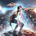 Generate a realistic HD image depicting a brave female actor of Caucasian descent with short hair, in her late 40s, engaged in a metaphorical battle with cancer. She is standing on a rocky terrain looking determined, with medical symbols such as a caduceus staff and ribbon blend subtly around her. The backdrop depicts the glitz and glamour of Hollywood - iconic sign on the hill, bright spotlights and red carpets.