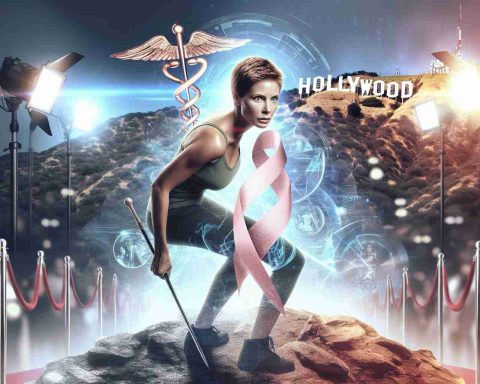 Generate a realistic HD image depicting a brave female actor of Caucasian descent with short hair, in her late 40s, engaged in a metaphorical battle with cancer. She is standing on a rocky terrain looking determined, with medical symbols such as a caduceus staff and ribbon blend subtly around her. The backdrop depicts the glitz and glamour of Hollywood - iconic sign on the hill, bright spotlights and red carpets.