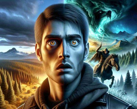 A high-definition, realistic illustration of a enigmatic horse rider. The rider's eyes are filled with shock and surprise, as they seem to have just discovered some astonishing revelation about their fate. The landscape around them differs dramatically, one side depicts normal landscapes like forests and mountains whereas the other half shows a fantastical vista filled with supernatural elements, symbolizing their unforeseen destiny. The image should exude an atmosphere of suspense and intrigue.