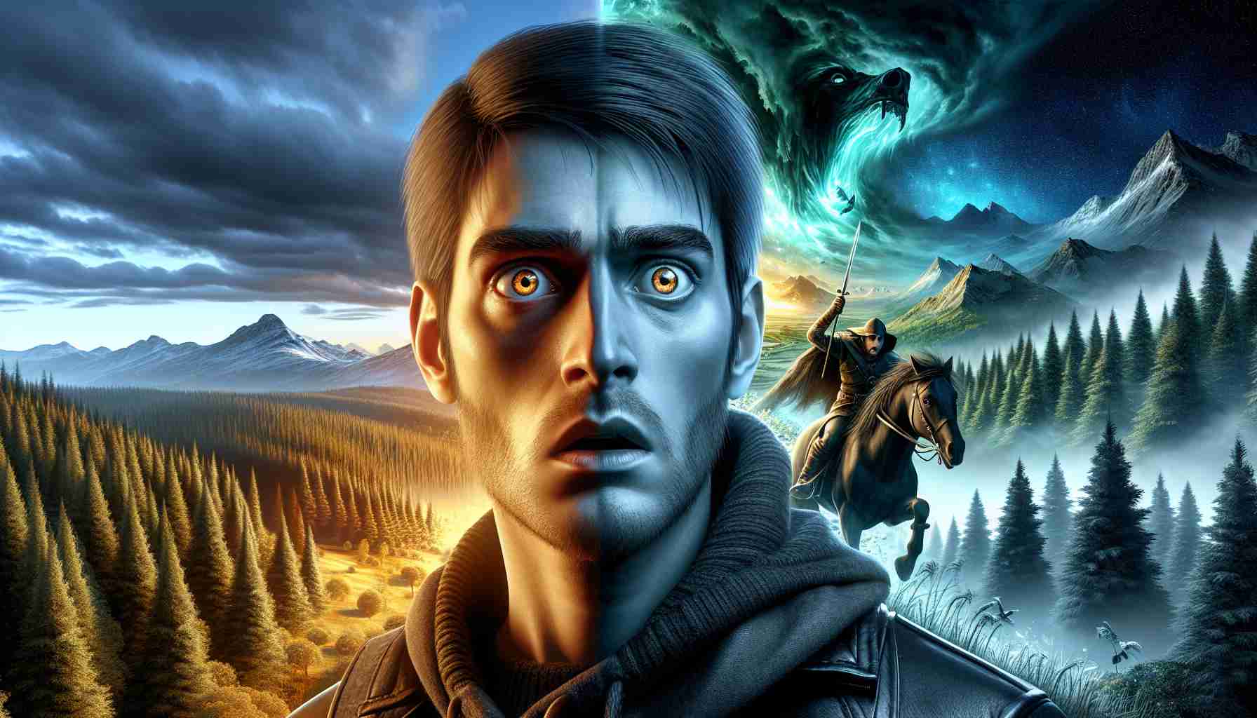 A high-definition, realistic illustration of a enigmatic horse rider. The rider's eyes are filled with shock and surprise, as they seem to have just discovered some astonishing revelation about their fate. The landscape around them differs dramatically, one side depicts normal landscapes like forests and mountains whereas the other half shows a fantastical vista filled with supernatural elements, symbolizing their unforeseen destiny. The image should exude an atmosphere of suspense and intrigue.