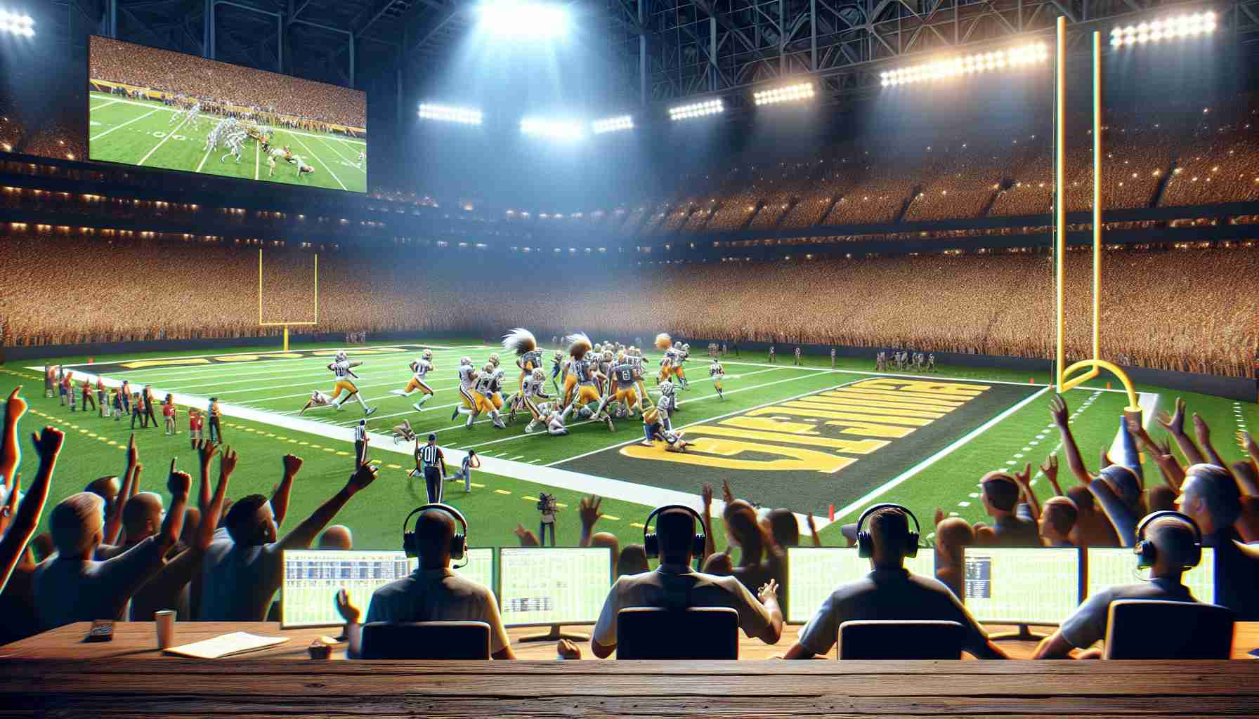 An ultra-high definition image depicting an unexpected result at a major American football game. It shows players gathered on the field, spectators in the stands expressing shock, and commentators reacting in a broadcast booth. The image should capture the high-intensity atmosphere of the moment.