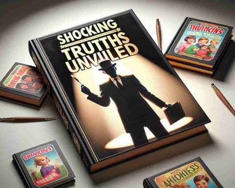 Realistic HD image showing an open book titled 'Shocking Truths Unveiled'. The book's cover features the silhouette of a generic figure, perhaps an author, under a spotlight, suggesting intrigue and surprise. The 'author' holds a quill in one hand and the other hand is open as if revealing a secret. Beside it, smaller versions of popular children's books lie scattered to convey the context of the shocking revelations about children's literature.