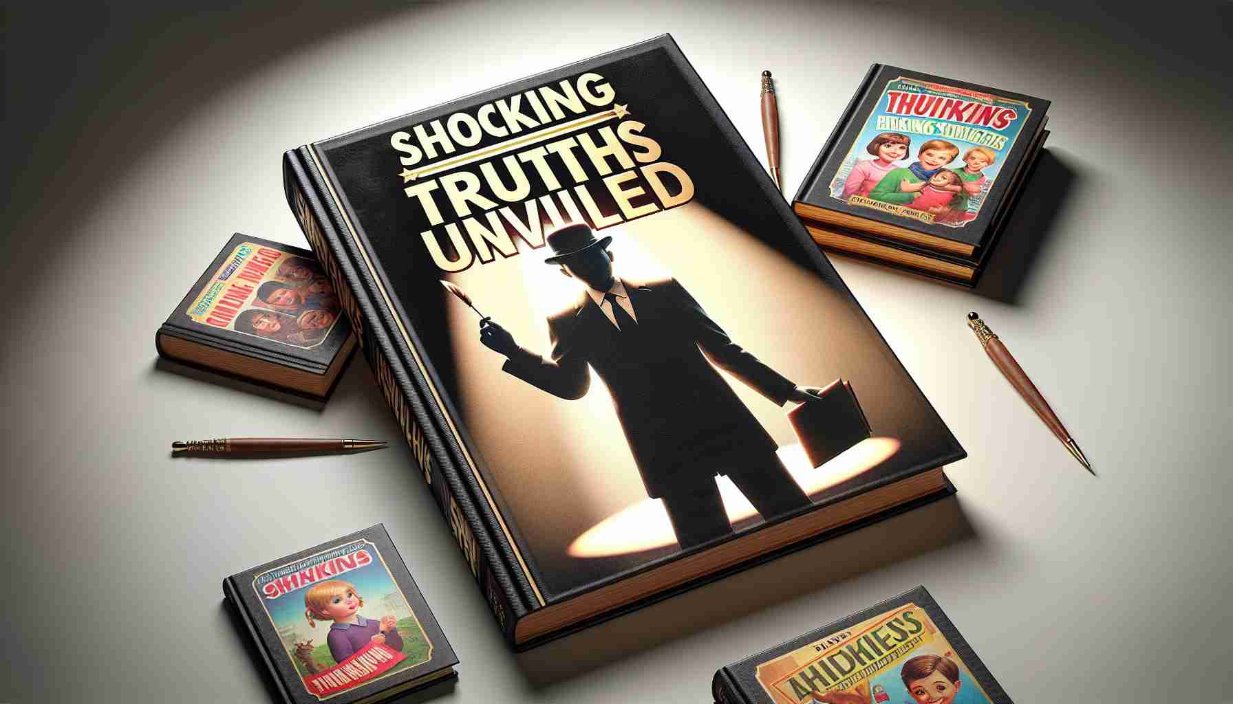 Realistic HD image showing an open book titled 'Shocking Truths Unveiled'. The book's cover features the silhouette of a generic figure, perhaps an author, under a spotlight, suggesting intrigue and surprise. The 'author' holds a quill in one hand and the other hand is open as if revealing a secret. Beside it, smaller versions of popular children's books lie scattered to convey the context of the shocking revelations about children's literature.