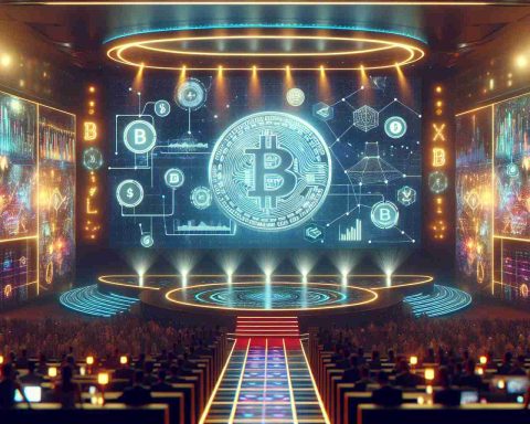 A realistic HD photo of a grand event where the next big innovation in cryptocurrency is being unveiled. The ambience is electric with anticipation as a digital display with bright lights in the background showcases the connection between this new crypto and the future of online betting. The overall aesthetic is futuristic, with elements of digital interfaces, colorful lights, and sleek design, implying a shift towards technologically advanced methods of betting.