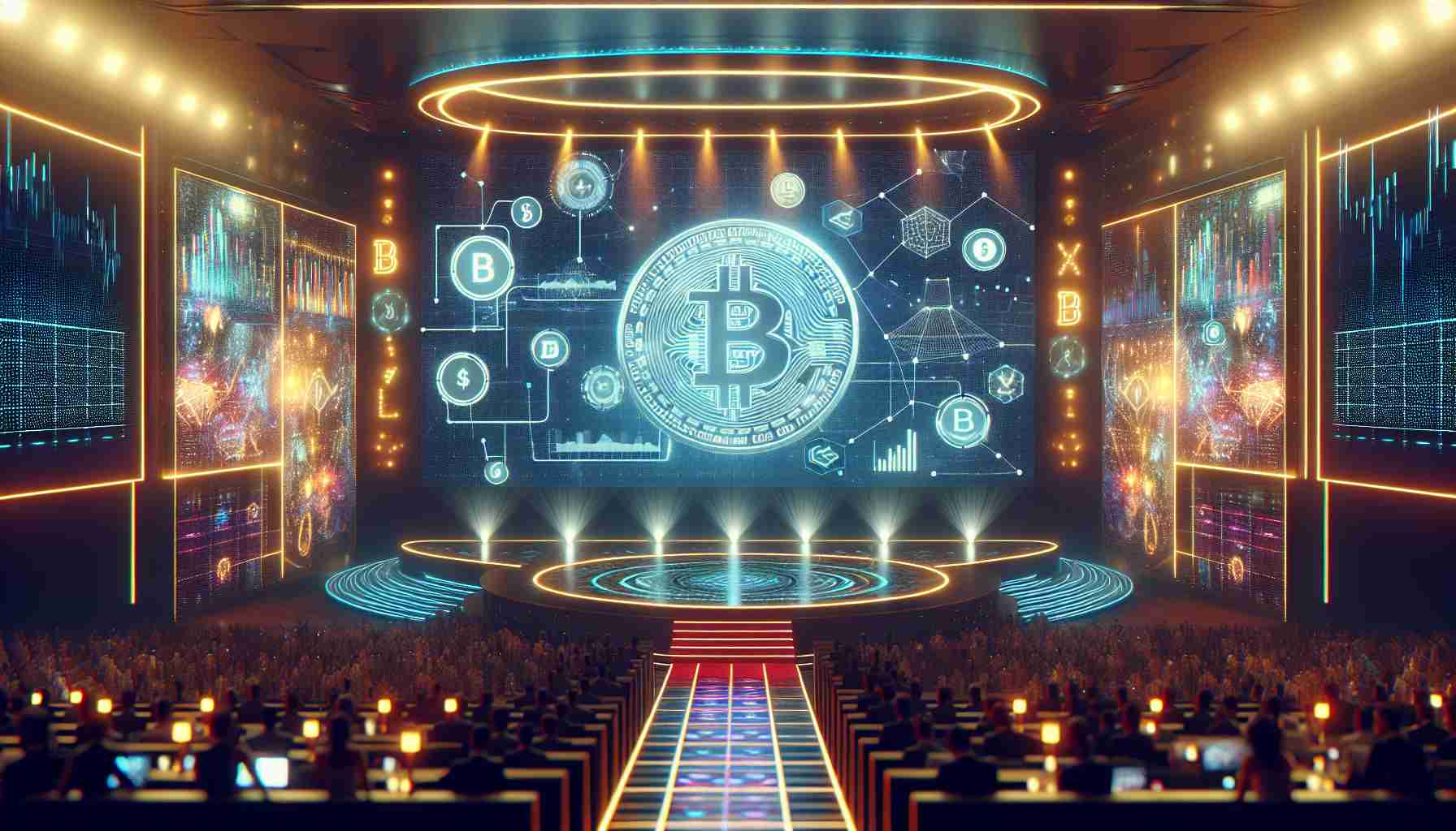 A realistic HD photo of a grand event where the next big innovation in cryptocurrency is being unveiled. The ambience is electric with anticipation as a digital display with bright lights in the background showcases the connection between this new crypto and the future of online betting. The overall aesthetic is futuristic, with elements of digital interfaces, colorful lights, and sleek design, implying a shift towards technologically advanced methods of betting.