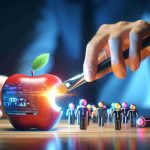 Generate a high-definition, realistic image representing the concept of a large tech company, symbolized by an apple, acquiring a popular editing application. The scene should further inspire curiosity about the next steps or future implications of this acquisition.