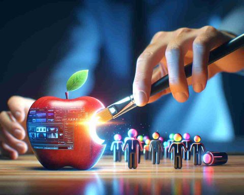 Generate a high-definition, realistic image representing the concept of a large tech company, symbolized by an apple, acquiring a popular editing application. The scene should further inspire curiosity about the next steps or future implications of this acquisition.