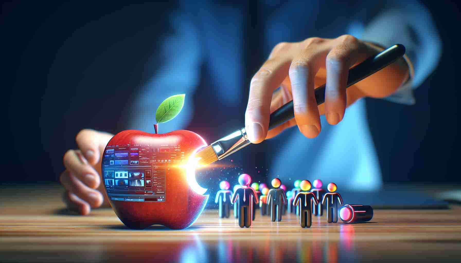 Generate a high-definition, realistic image representing the concept of a large tech company, symbolized by an apple, acquiring a popular editing application. The scene should further inspire curiosity about the next steps or future implications of this acquisition.