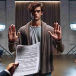 Realistic HD image illustrating a conceptual scene where an anonymous young male actor, who is slim and has curly brown hair, is rejecting a major role in a film. Emphasize on his facial expressions of contemplation and resolve, show a script he's gesturing towards in refusal. The backdrop should be a well-lit audition room with a director and a producer observing.