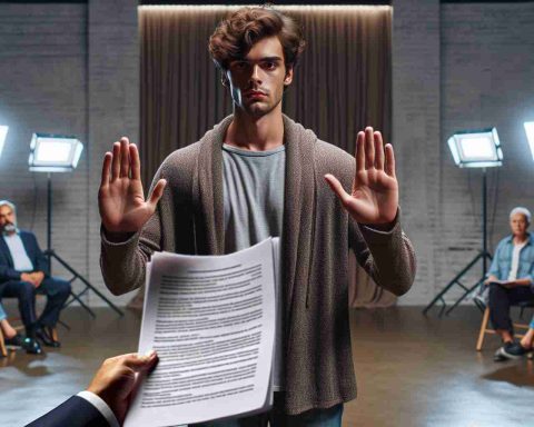 Realistic HD image illustrating a conceptual scene where an anonymous young male actor, who is slim and has curly brown hair, is rejecting a major role in a film. Emphasize on his facial expressions of contemplation and resolve, show a script he's gesturing towards in refusal. The backdrop should be a well-lit audition room with a director and a producer observing.