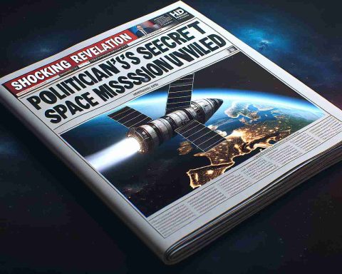 A realistic HD image depicting a newspaper headline that reads 'Shocking Revelation: Politician's Secret Space Mission Unveiled'. The newspaper should display a photograph of a spacecraft in outer space with Earth visible in the background. The design of the spacecraft should be futuristic and advanced, suggesting a secret mission of great importance, while the Earth should be colorful and lively, illustrating the vastness of space.