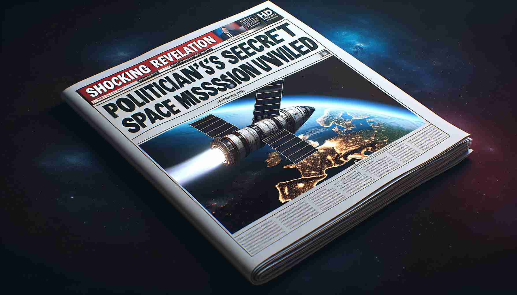 A realistic HD image depicting a newspaper headline that reads 'Shocking Revelation: Politician's Secret Space Mission Unveiled'. The newspaper should display a photograph of a spacecraft in outer space with Earth visible in the background. The design of the spacecraft should be futuristic and advanced, suggesting a secret mission of great importance, while the Earth should be colorful and lively, illustrating the vastness of space.