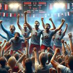 Generate a HD quality, realistic image that depicts a tense sports scene where an underdog team unexpectedly achieves victory. The team members are jubilant and the atmosphere is filled with surprise and joy. The audience's reactions exhibit disbelief and amazement. Include a large scoreboard in the background to confirm the unlikely win, and banners or flags representing each team.