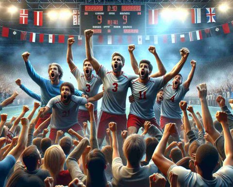 Generate a HD quality, realistic image that depicts a tense sports scene where an underdog team unexpectedly achieves victory. The team members are jubilant and the atmosphere is filled with surprise and joy. The audience's reactions exhibit disbelief and amazement. Include a large scoreboard in the background to confirm the unlikely win, and banners or flags representing each team.