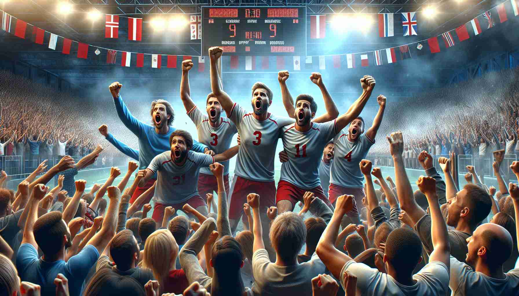 Generate a HD quality, realistic image that depicts a tense sports scene where an underdog team unexpectedly achieves victory. The team members are jubilant and the atmosphere is filled with surprise and joy. The audience's reactions exhibit disbelief and amazement. Include a large scoreboard in the background to confirm the unlikely win, and banners or flags representing each team.