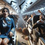 Generate a photorealistic depiction in high-definition of a tense scene: a Hispanic female flight attendant experiencing a severe turbulence during a flight. Ensure to highlight the surprise on her face and the chaotic environment inside the aeroplane with shaken passengers and floating objects.