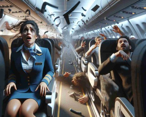 Generate a photorealistic depiction in high-definition of a tense scene: a Hispanic female flight attendant experiencing a severe turbulence during a flight. Ensure to highlight the surprise on her face and the chaotic environment inside the aeroplane with shaken passengers and floating objects.