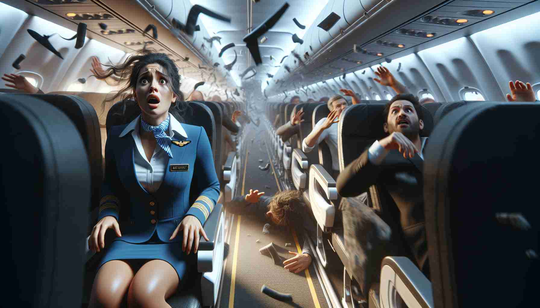 Generate a photorealistic depiction in high-definition of a tense scene: a Hispanic female flight attendant experiencing a severe turbulence during a flight. Ensure to highlight the surprise on her face and the chaotic environment inside the aeroplane with shaken passengers and floating objects.