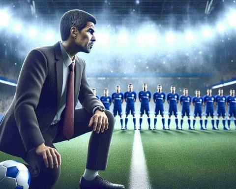 A high-definition, realistic image of a surprise ascension of a new, talented coach from a well-known football club, assumed to be Chelsea. This person is shown preparing their team for an upcoming match. They are seen as an underdog who rose to the position unexpectedly, winning the heart of the fans and the respect of other teams. The background consists of football pitches, bright stadium lights, and enthusiastic spectators waiting for the game to start.