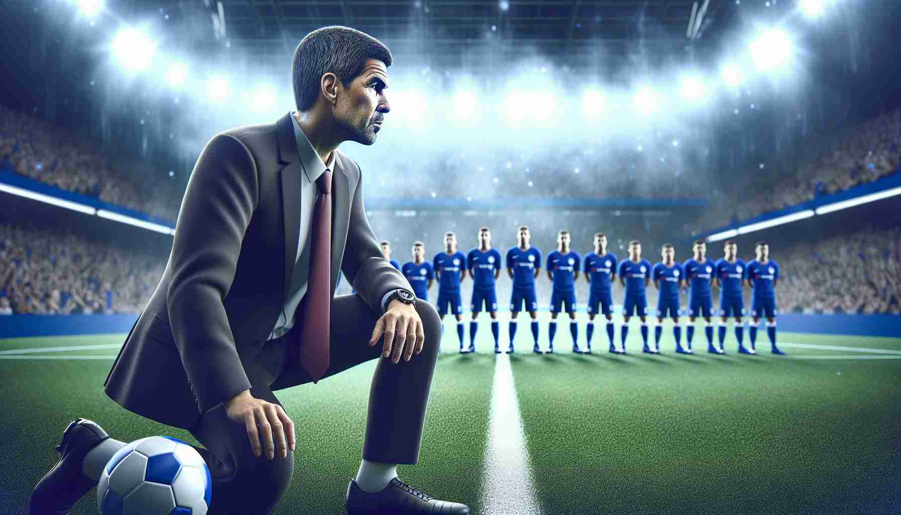 A high-definition, realistic image of a surprise ascension of a new, talented coach from a well-known football club, assumed to be Chelsea. This person is shown preparing their team for an upcoming match. They are seen as an underdog who rose to the position unexpectedly, winning the heart of the fans and the respect of other teams. The background consists of football pitches, bright stadium lights, and enthusiastic spectators waiting for the game to start.