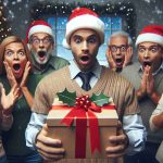 Generate a realistic HD image of a fictional television advertisement promoting a new Christmas product, showing people expressing surprise and strong reactions to it.