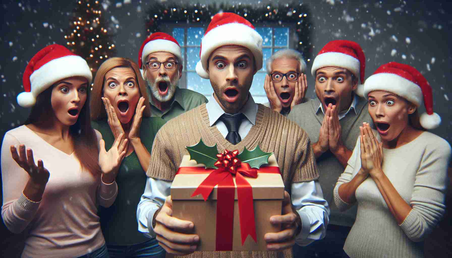 Generate a realistic HD image of a fictional television advertisement promoting a new Christmas product, showing people expressing surprise and strong reactions to it.