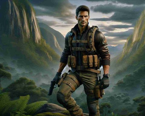 A high-definition realistic image of a well-known TV personality with a strong, fit physique, dressed in action-adventure themed attire. From tactical boots to a rugged leather jacket, their outfit gears them up for thrilling expeditions. They are located in a shot that looks straight out of an action-packed adventure film with a dense forest backdrop, expansive mountain range, or maybe a hidden ancient ruin. There's a fiery determination in their eyes, suggesting they're more than ready to embark on spine-chilling adventures and defuse the most complicated situations with utmost courage and authority.