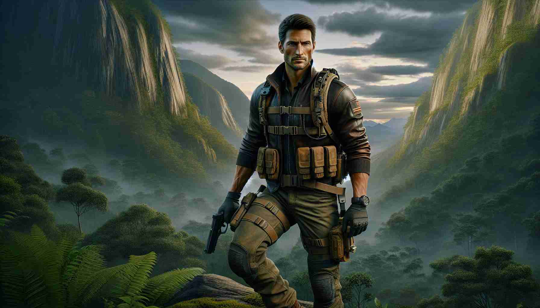 A high-definition realistic image of a well-known TV personality with a strong, fit physique, dressed in action-adventure themed attire. From tactical boots to a rugged leather jacket, their outfit gears them up for thrilling expeditions. They are located in a shot that looks straight out of an action-packed adventure film with a dense forest backdrop, expansive mountain range, or maybe a hidden ancient ruin. There's a fiery determination in their eyes, suggesting they're more than ready to embark on spine-chilling adventures and defuse the most complicated situations with utmost courage and authority.