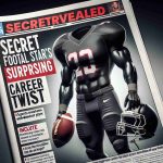 Generate a high-definition, realistic image that implies a surprising career twist of a well-known football player. Visualize a tabloid front page with the sensational headline 'Secret Revealed: Football Star's Surprising Career Twist'. Exclude recognizable traits of any specific athlete. The scene should consist of a generic football jersey and gear placed against a background that hints at a new, unrelated profession.