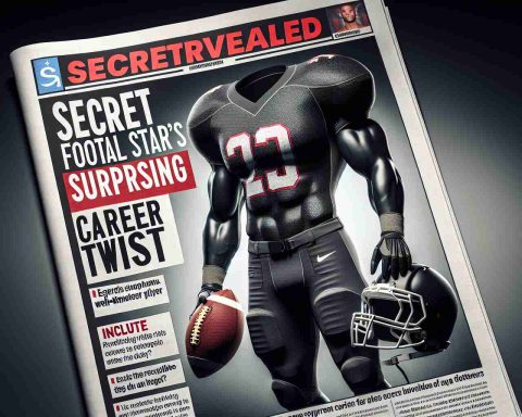 Generate a high-definition, realistic image that implies a surprising career twist of a well-known football player. Visualize a tabloid front page with the sensational headline 'Secret Revealed: Football Star's Surprising Career Twist'. Exclude recognizable traits of any specific athlete. The scene should consist of a generic football jersey and gear placed against a background that hints at a new, unrelated profession.