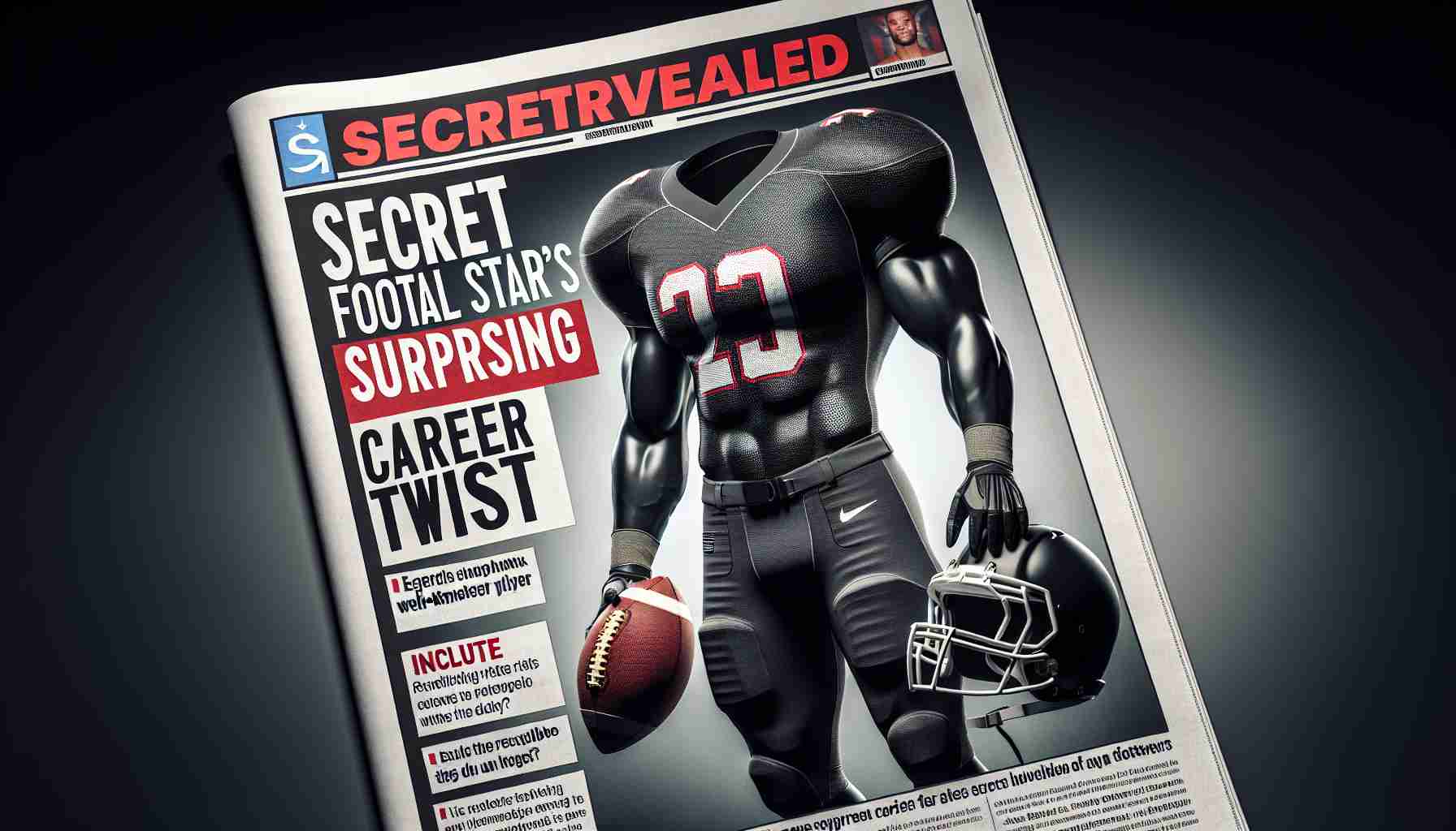 Generate a high-definition, realistic image that implies a surprising career twist of a well-known football player. Visualize a tabloid front page with the sensational headline 'Secret Revealed: Football Star's Surprising Career Twist'. Exclude recognizable traits of any specific athlete. The scene should consist of a generic football jersey and gear placed against a background that hints at a new, unrelated profession.